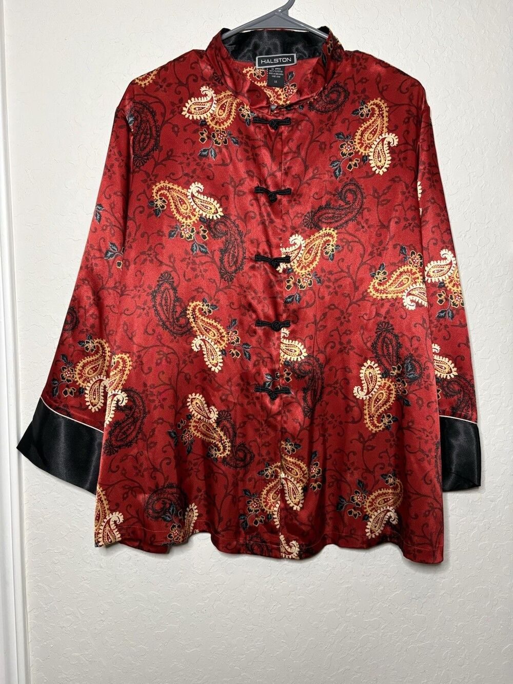 Halston Ornate Kimono Top Blouse Womens Size 1X Artsy Mandarin Collar Asian